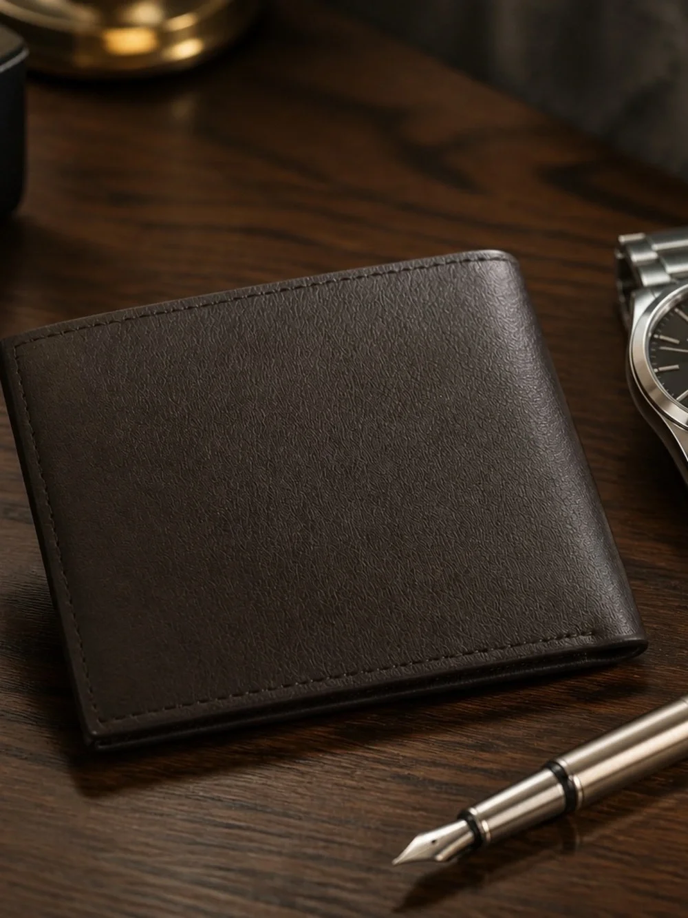 Men’s Dark Brown Premium Leather Bifold RFID Blocking Etched Design Wallet NWT